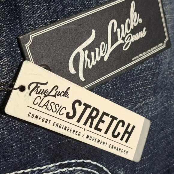 NEW True Luck Jeans Men's 36 X30 Bootcut Classic Stretch Thick Stitch Dark Blast - Picture 2 of 15